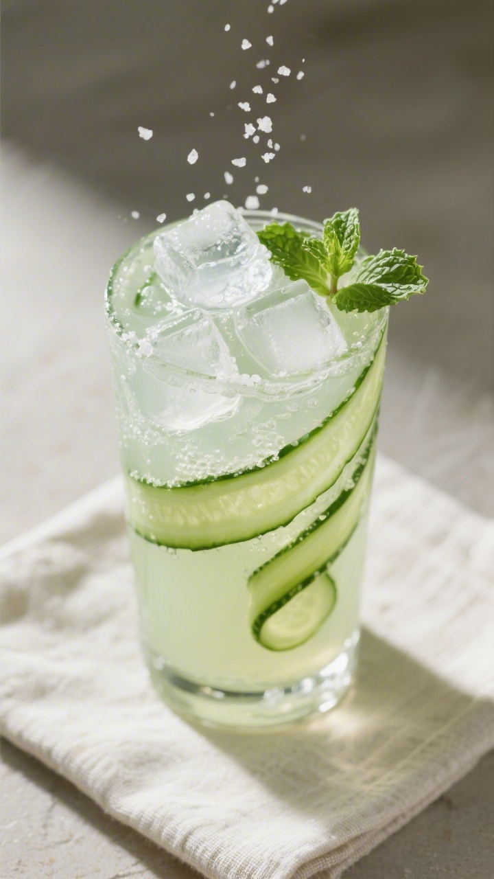 Tasty top view: Overhead shot of the finished Cucumber Vodka Cooler topped with lively soda water, f