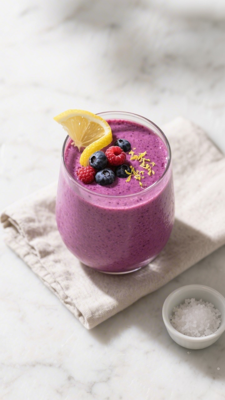 Tasty top view: Overhead shot of the finished Lemon Berry Smoothie in a wide-mouth glass, vibrant be