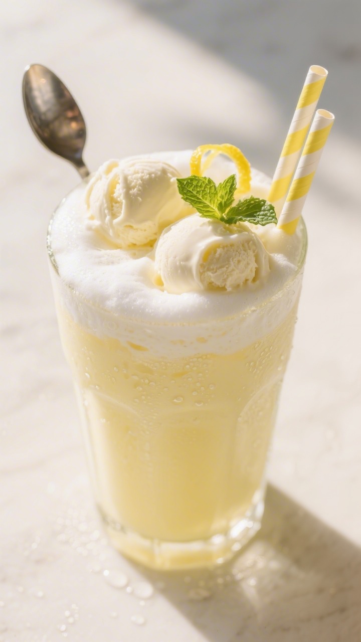Tasty top view: Overhead shot of the finished Lemon Cream Float, creamy pale-yellow body with a thic