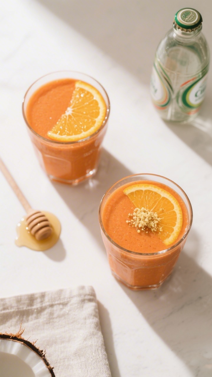 Tasty top view: Overhead shot of the finished Orange Carrot Smoothie in two glasses, vibrant sunrise
