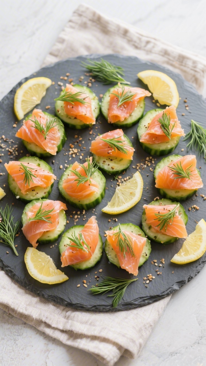 Tasty top view: Overhead shot of the finished platter of Keto Smoked Salmon Cucumber Bites arranged