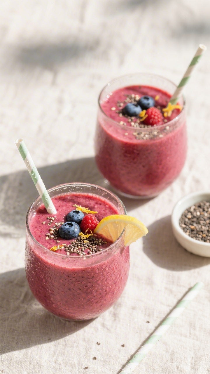 Tasty top view: Overhead shot of the finished Pomegranate Berry Smoothie in two glasses, thick and c