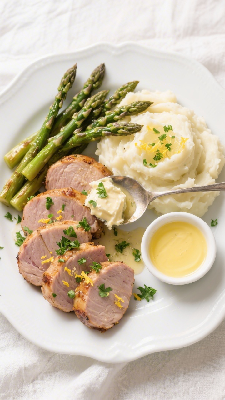 Tasty top view: Overhead shot of the finished pork tenderloin medallions fanned on a white ceramic p