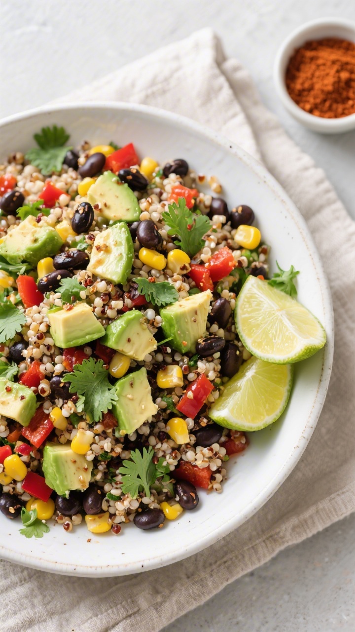 Tasty top view: Overhead shot of the finished Quinoa Black Bean Salad in a wide white ceramic servin