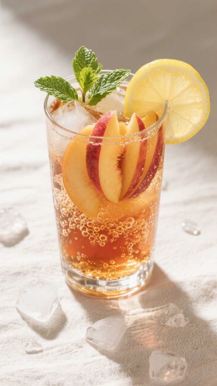 Tasty top view: Overhead shot of the finished sparkling peach iced tea—amber tea lightened by fizz