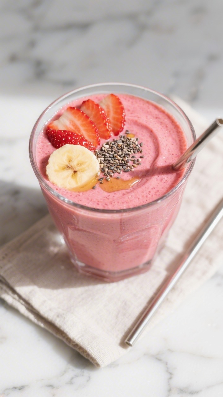 Tasty top view: Overhead shot of the finished strawberry banana smoothie served in a wide-mouth glas