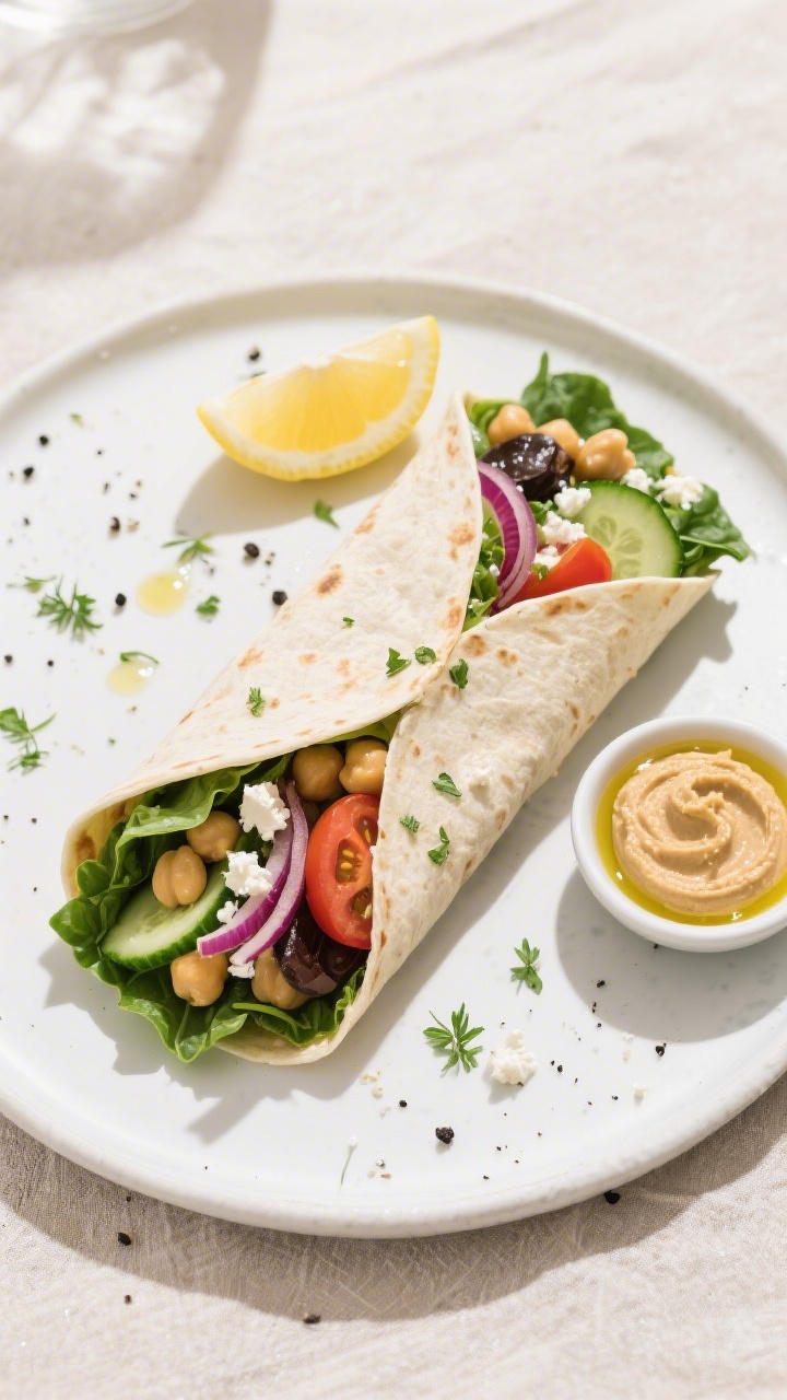 Tasty top view: Overhead shot of the finished Vegan Mediterranean Wrap, sliced on the diagonal to re