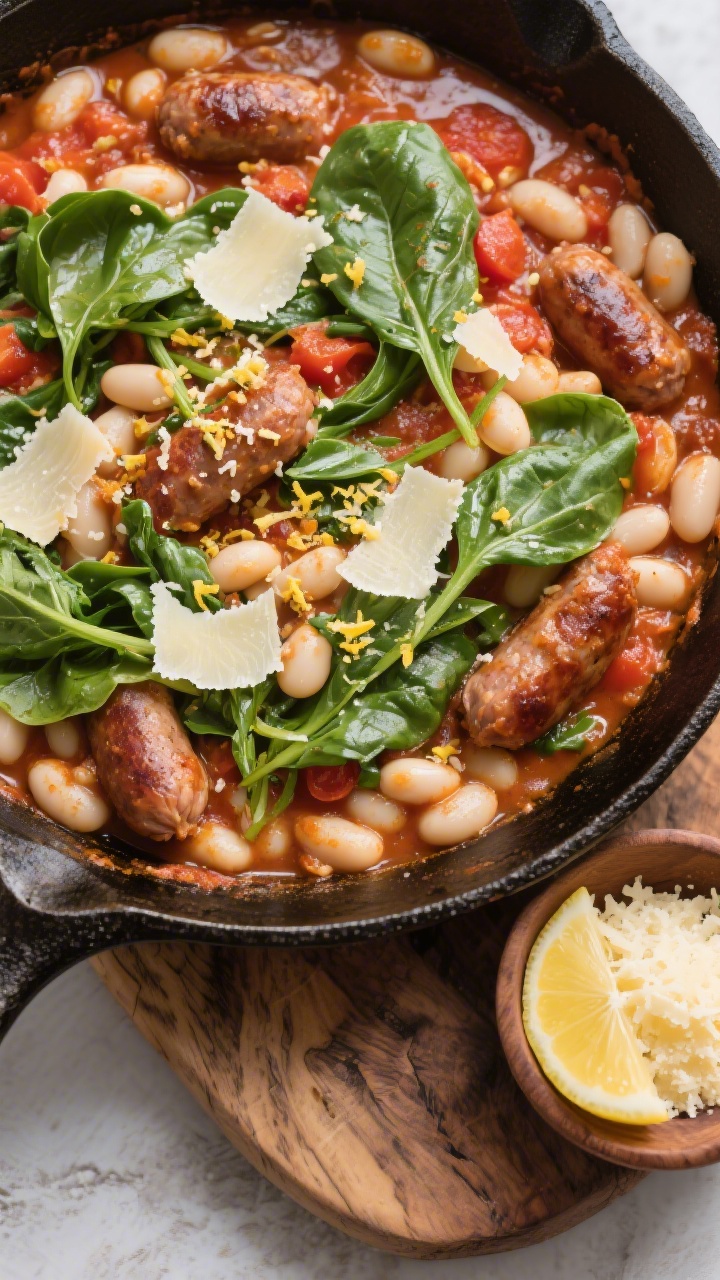 Tasty top view: Overhead shot of the Italian Sausage and White Bean Skillet at a gentle simmer—cre