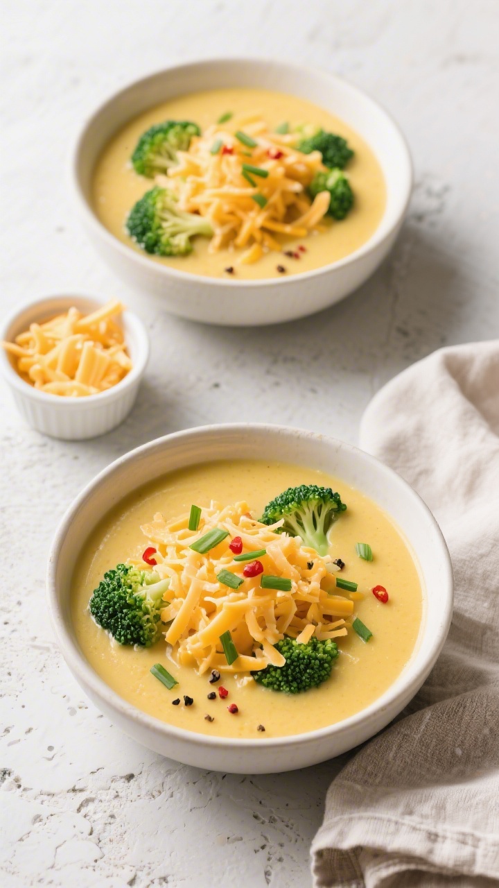 Tasty top view: Overhead shot of two bowls of Quick Keto Broccoli Cheddar Soup on a light stone surf