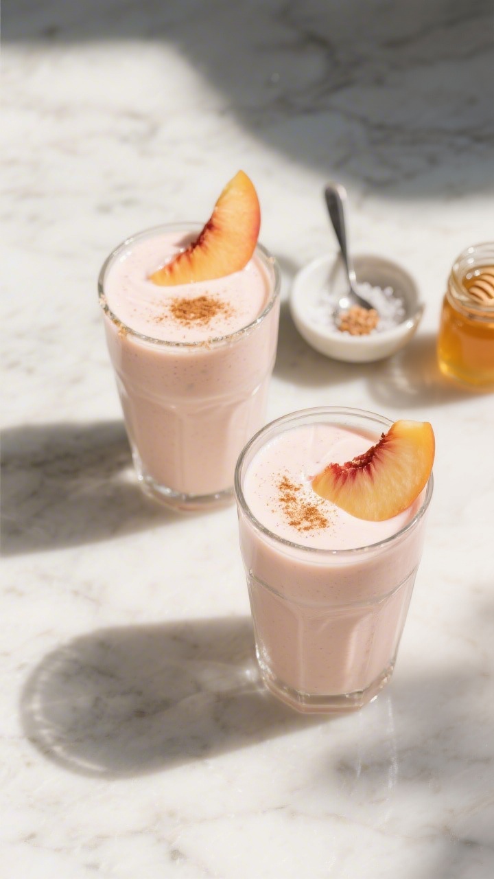 Tasty top view: Overhead shot of two chilled glasses filled with peach yogurt smoothie, silky and po