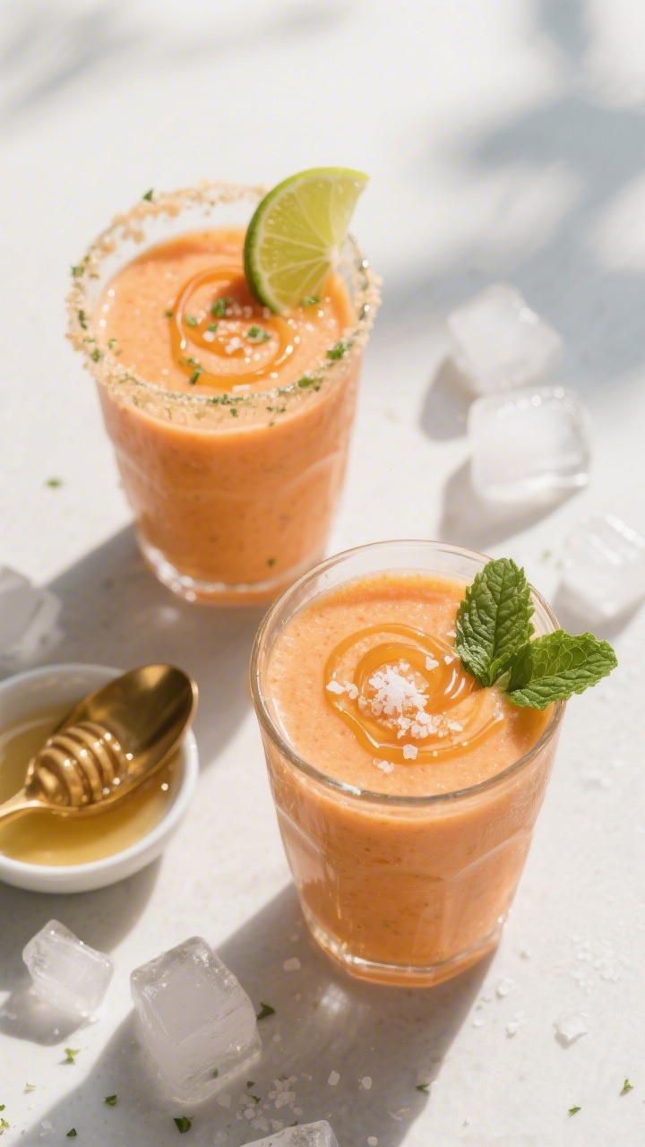 Tasty top view: Overhead shot of two chilled glasses filled with bright, creamy papaya honey smoothi