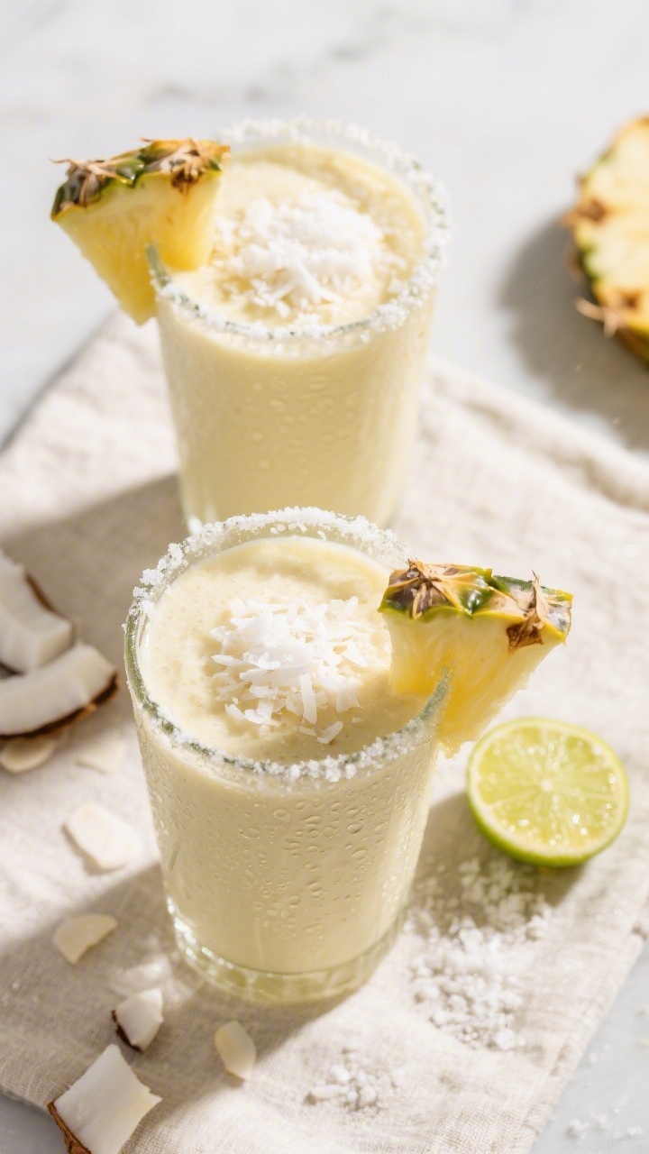 Tasty top view: Overhead shot of two chilled glasses filled with thick pineapple coconut smoothie, t