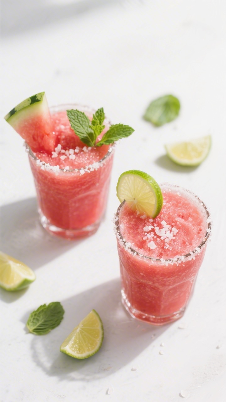 Tasty top view: Overhead shot of two chilled highball glasses filled with thick watermelon slushie,