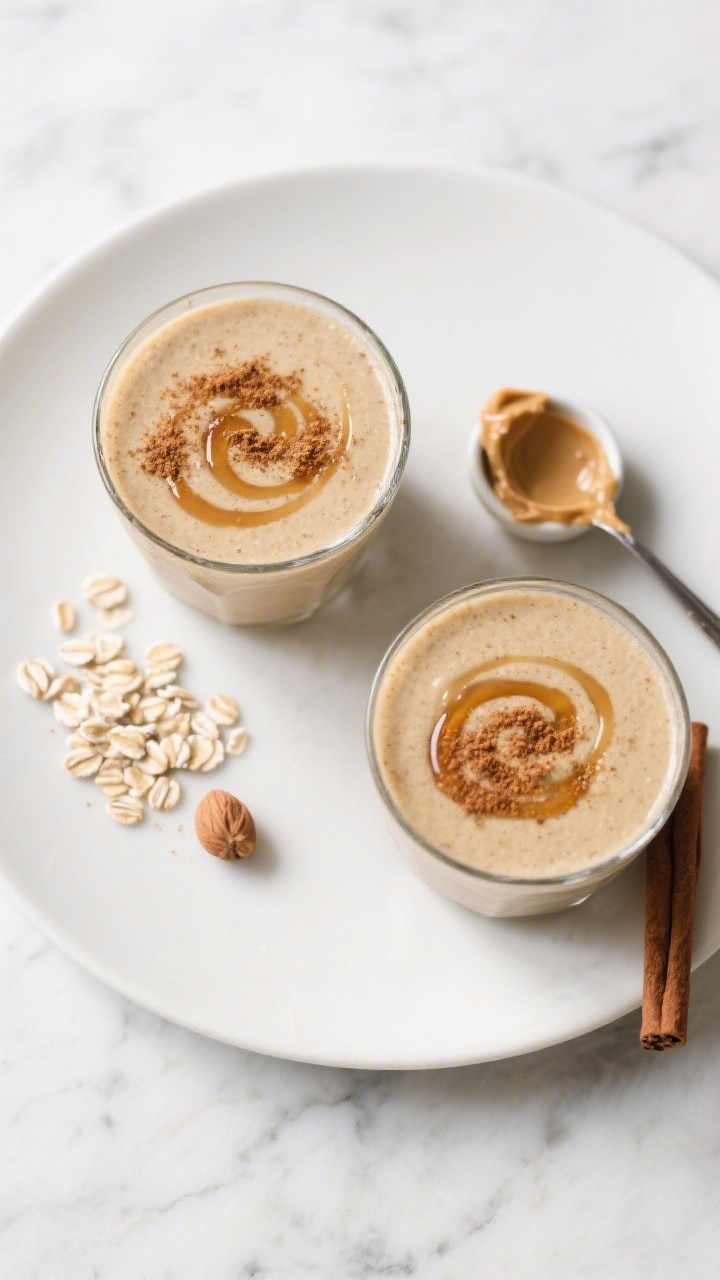 Tasty top view: Overhead shot of two finished apple cinnamon smoothies on a matte white plate, toppe