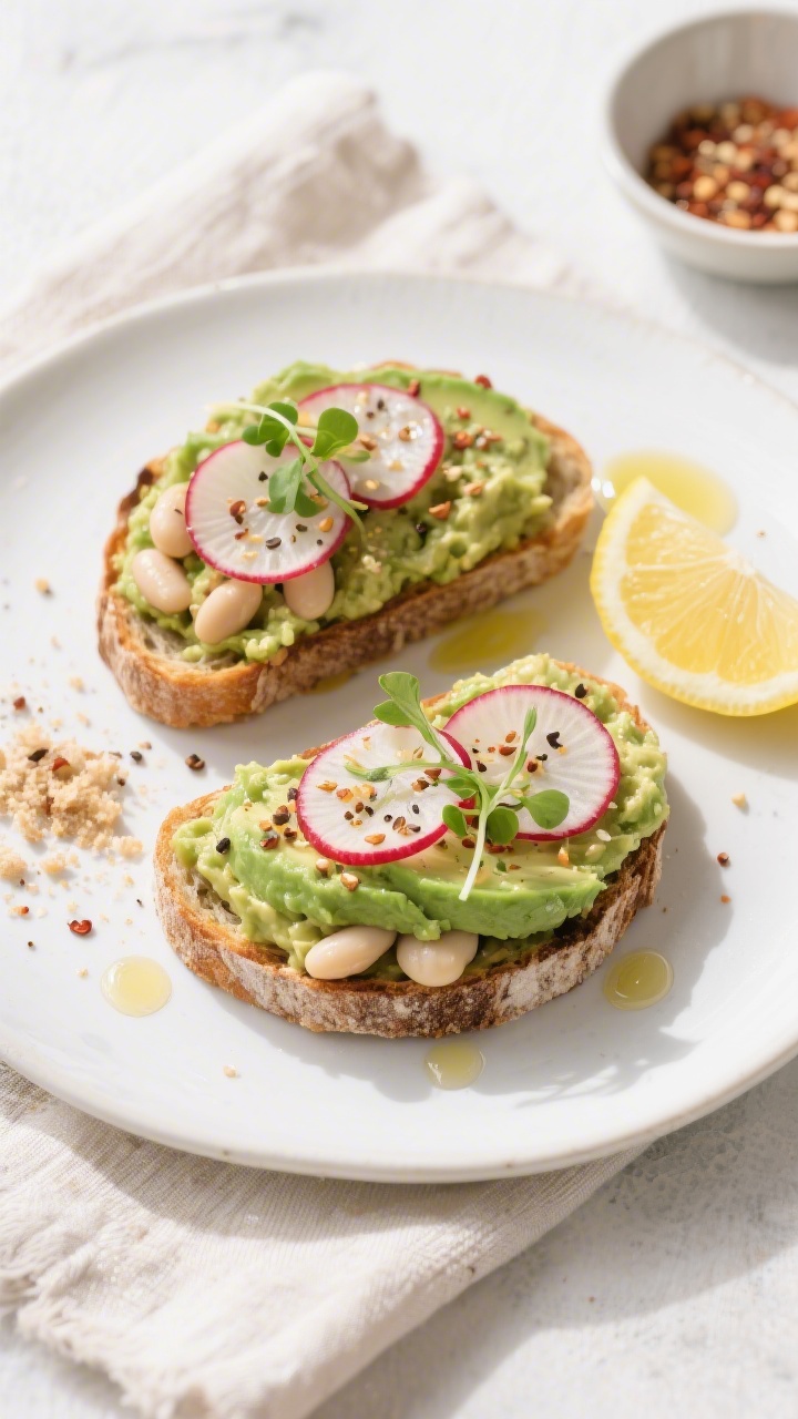 Tasty top view: Overhead shot of two finished avocado and white bean smash toasts on a matte white p