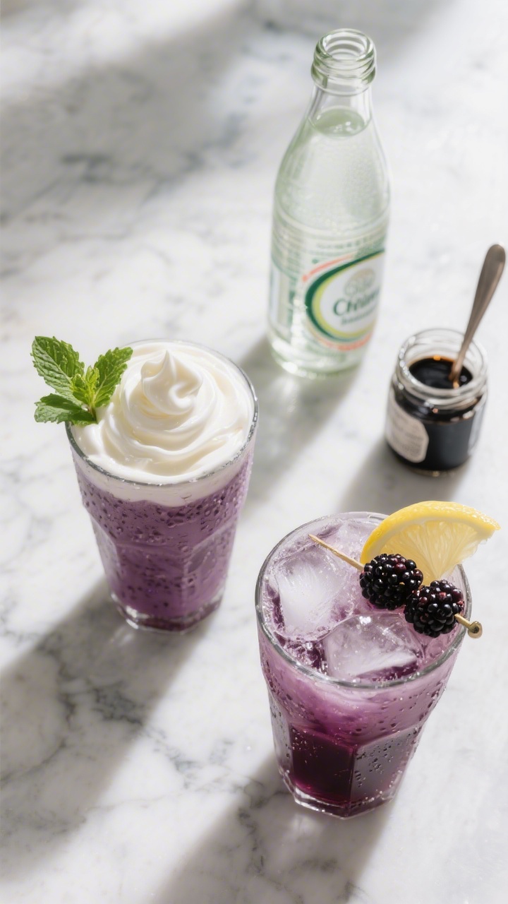 Tasty top view: Overhead shot of two finished blackberry cream sodas on a cool marble surface—one