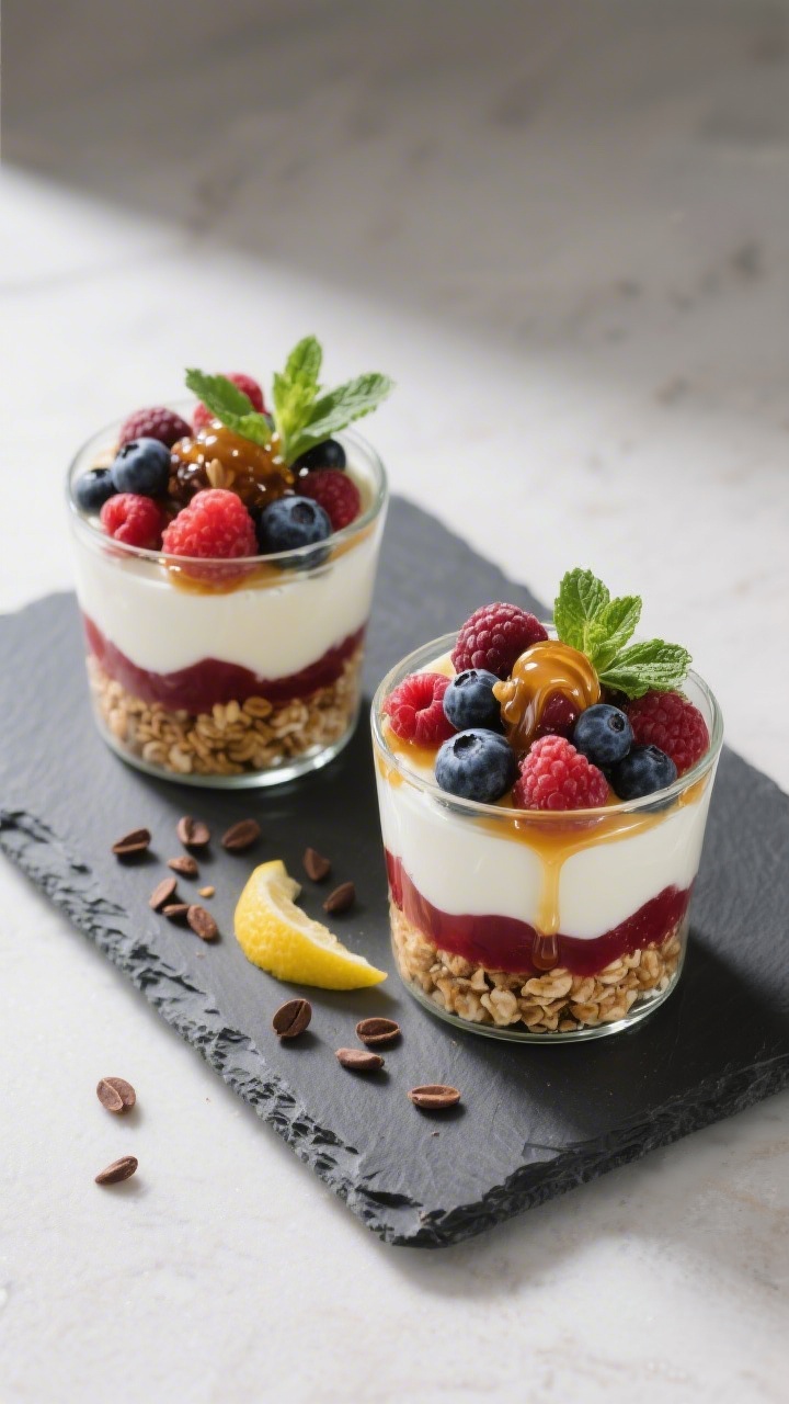 Tasty top view: Overhead shot of two finished Greek Yogurt Berry Parfaits on a matte slate board—d