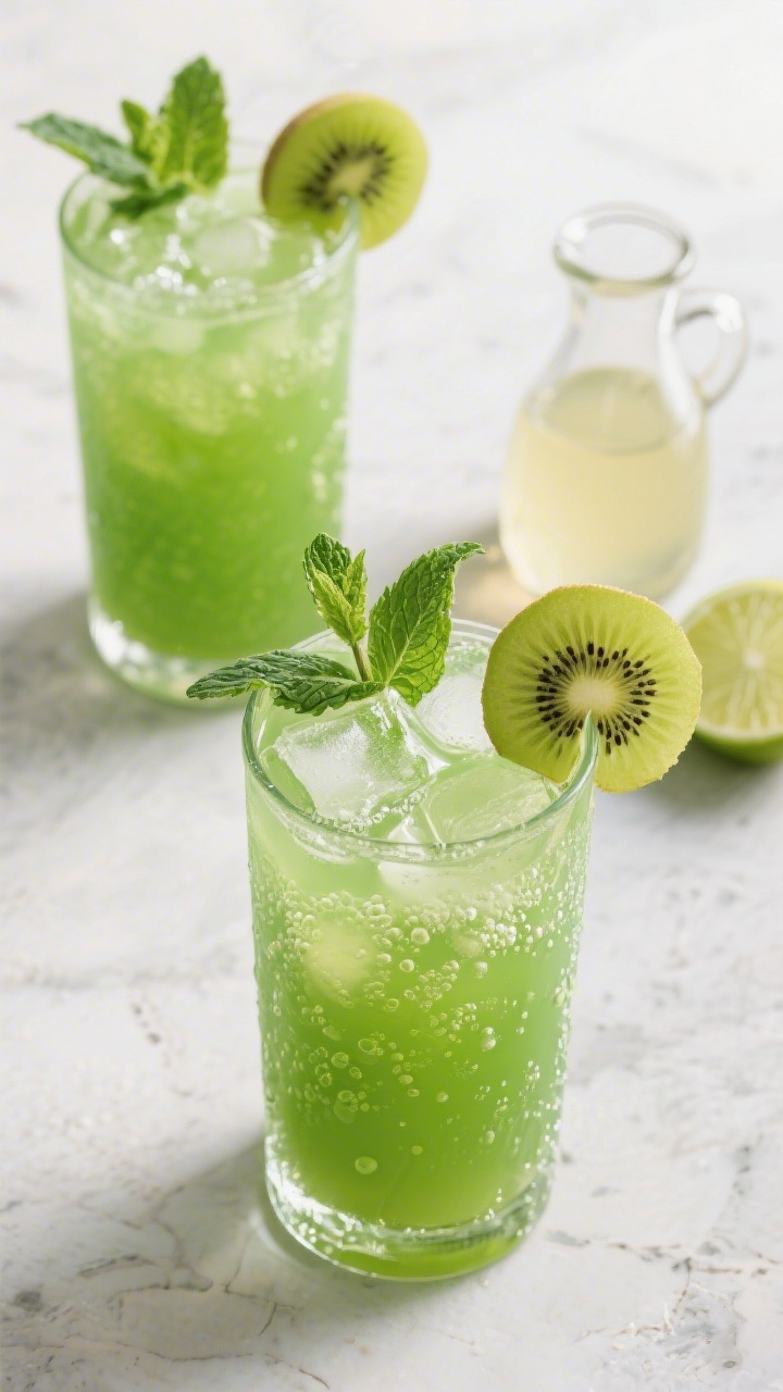Tasty top view: Overhead shot of two finished Kiwi Vodka Coolers in tall highball glasses, bright gr