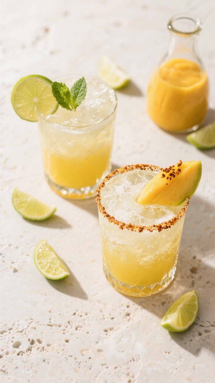 Tasty top view: Overhead shot of two finished Mango Vodka Fizz cocktails on a light stone surface, b