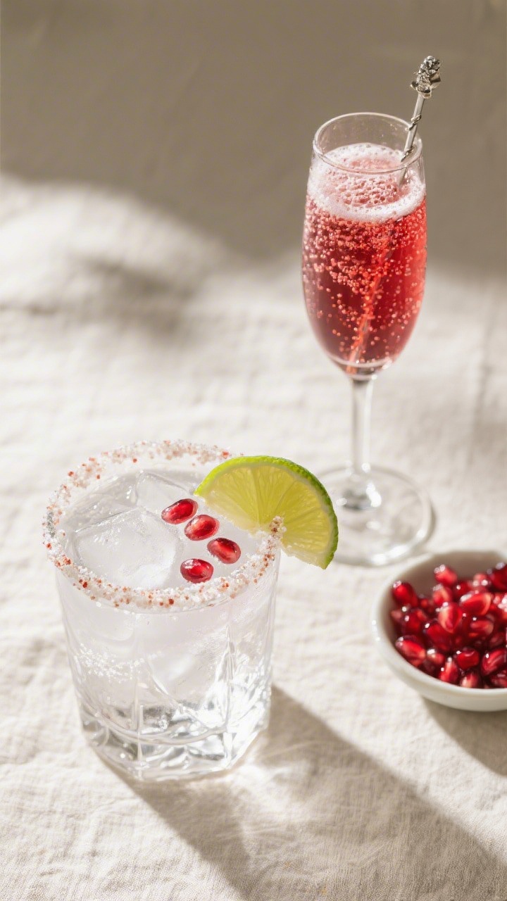 Tasty top view: Overhead shot of two finished Pomegranate Vodka Sparklers—one in a flute topped wi