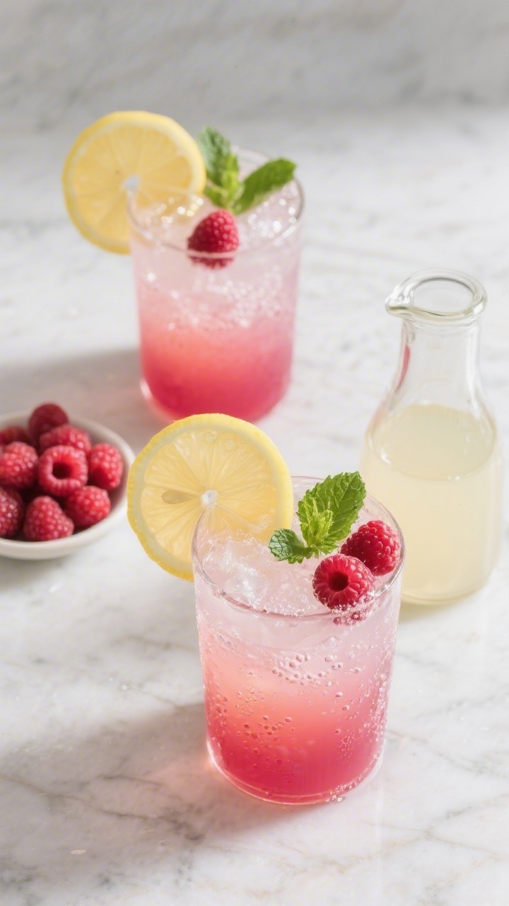 Tasty top view: overhead shot of two finished Raspberry Vodka Lemonades showing a clear gradient fro