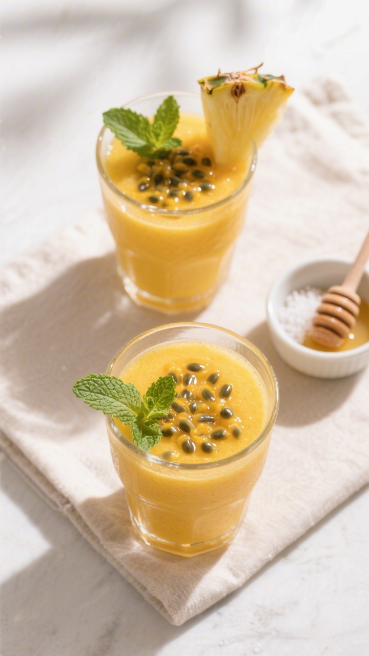Tasty top view: Overhead shot of two finished Tropical Passion Fruit Smoothies in clear tumblers, gl
