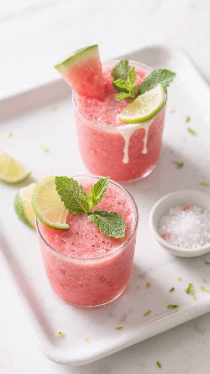 Tasty top view: Overhead shot of two finished Watermelon Mint Cooler Smoothies on a matte white tray