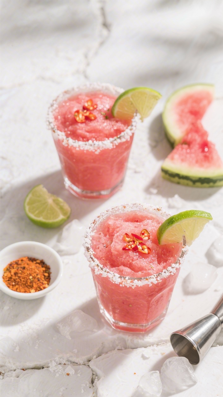 Tasty top view: Overhead shot of two finished watermelon margaritas with thick, smooth slush consist
