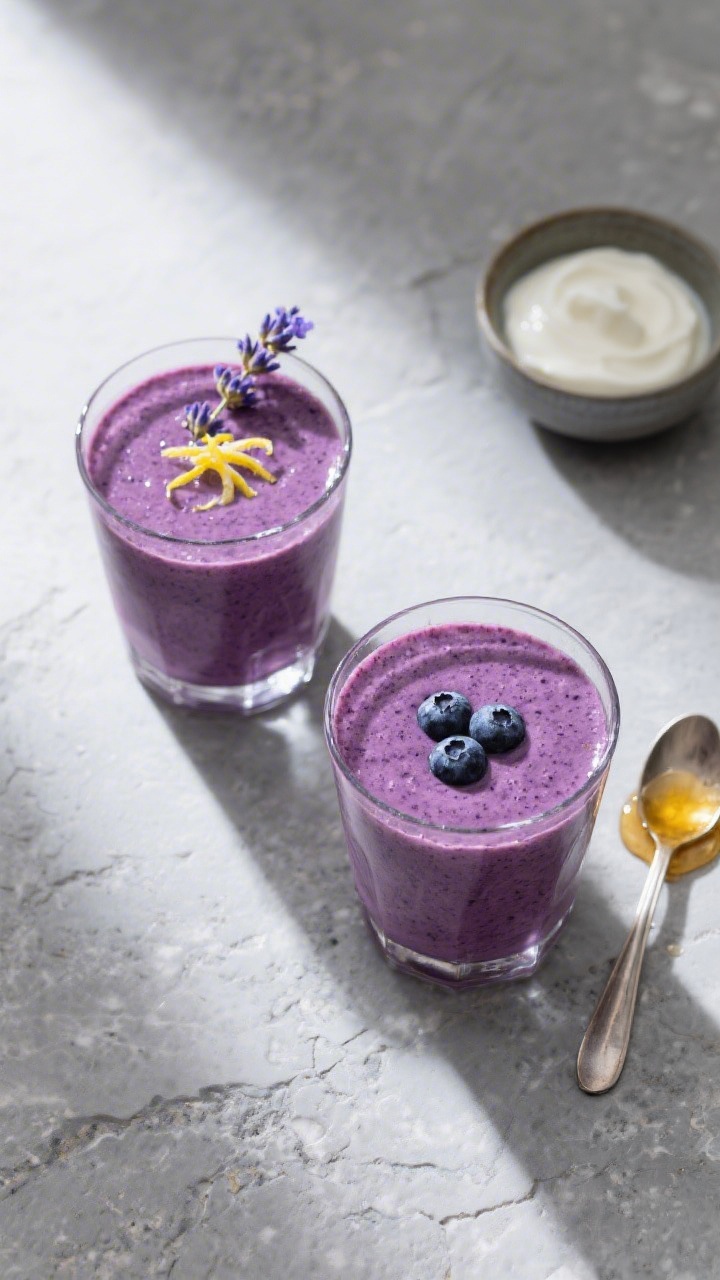 Tasty top view: Overhead shot of two glasses of the blueberry lavender smoothie on a cool gray stone