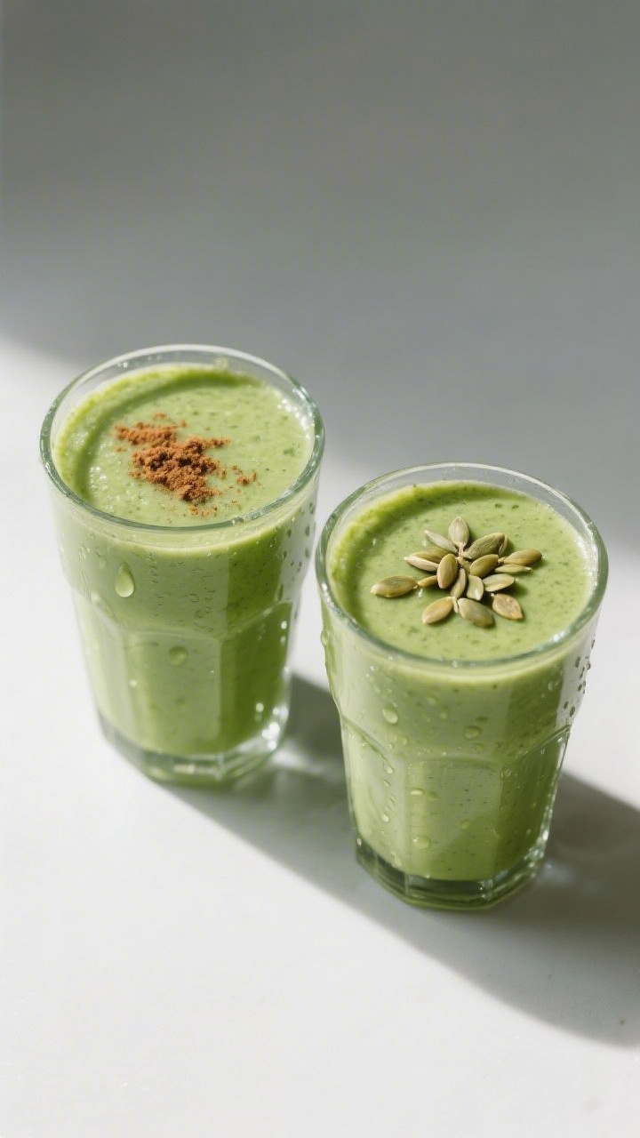 Tasty top view: Overhead shot of two glasses of the smoothie side-by-side showing uniform, velvety t