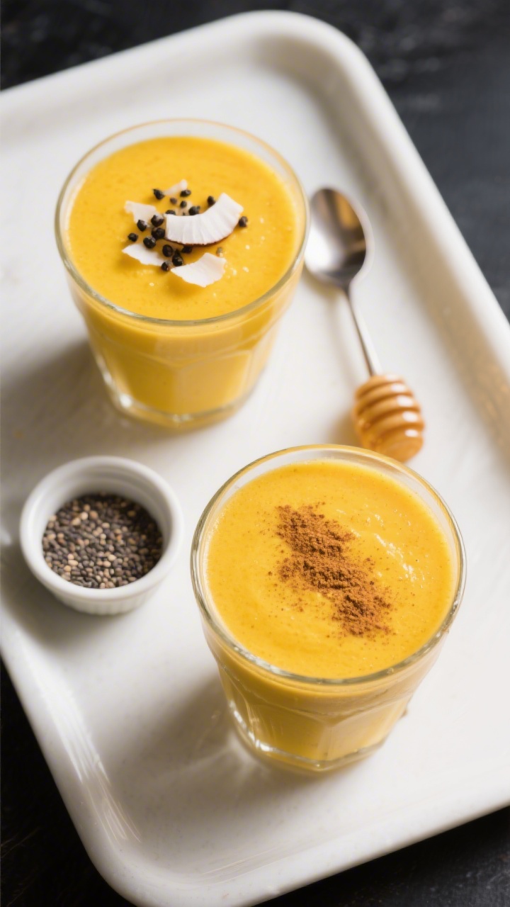 Tasty top view — Overhead shot of two neatly poured Mango Turmeric Golden Smoothies on a matte whi