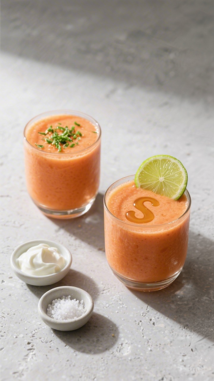 Tasty top view: Overhead shot of two papaya lime smoothies in modern, lowball glasses on a matte sto