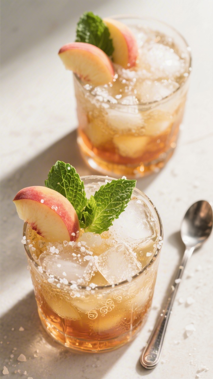 Tasty top view: Overhead shot of two Peach Bourbon Smashes, showing a mosaic of crushed ice, vibrant