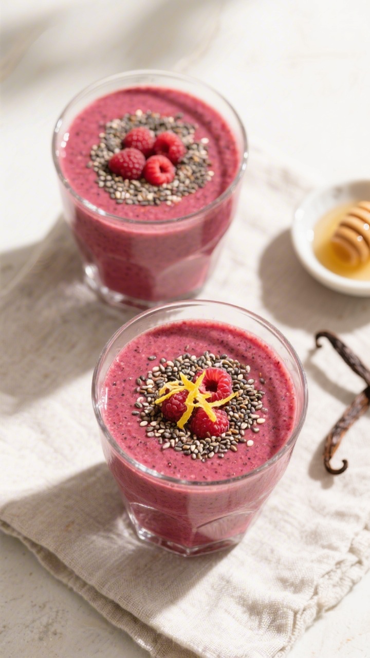 Tasty top view: Overhead shot of two raspberry chia smoothies in clear tumblers, rich berry color wi