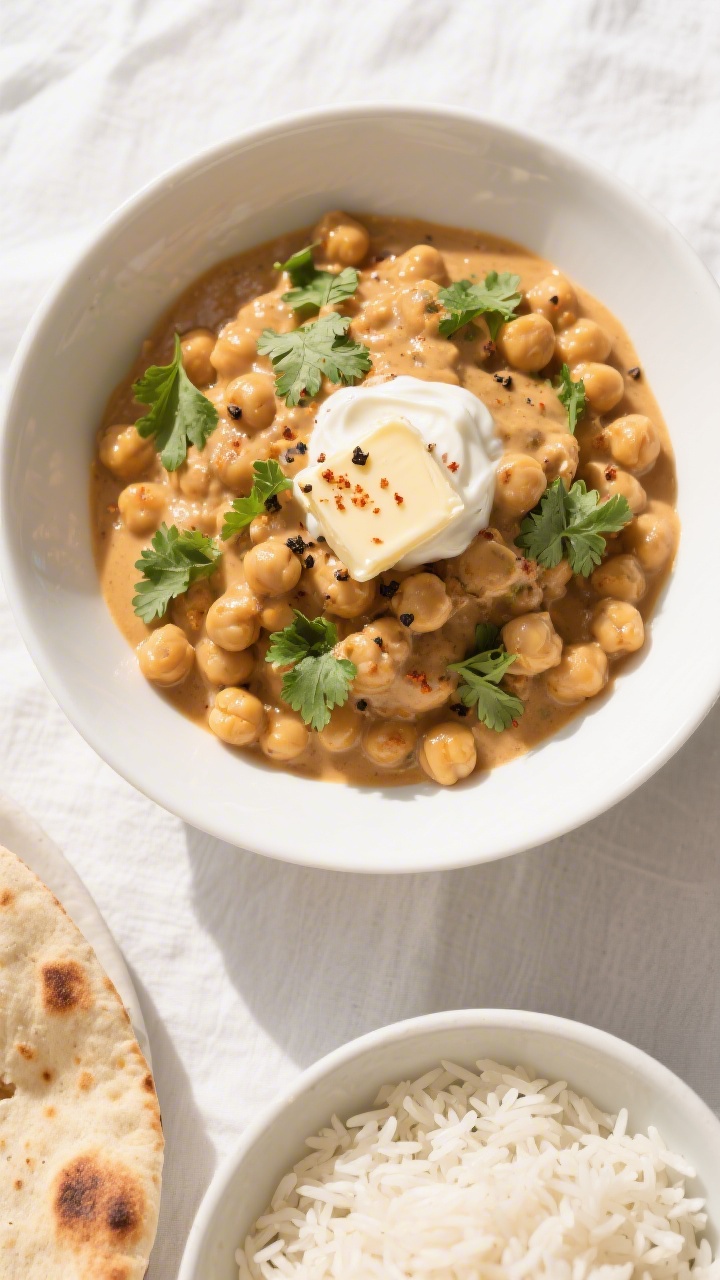 Tasty top view: Overhead shot of Vegan Butter Chickpeas served family-style in a wide, shallow white