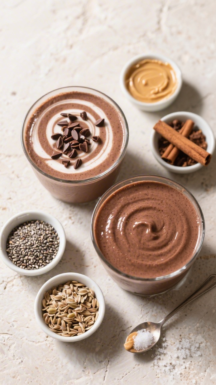 Tasty top view, overhead shot: Overhead of two smoothies showing contrast in texture—one thicker w