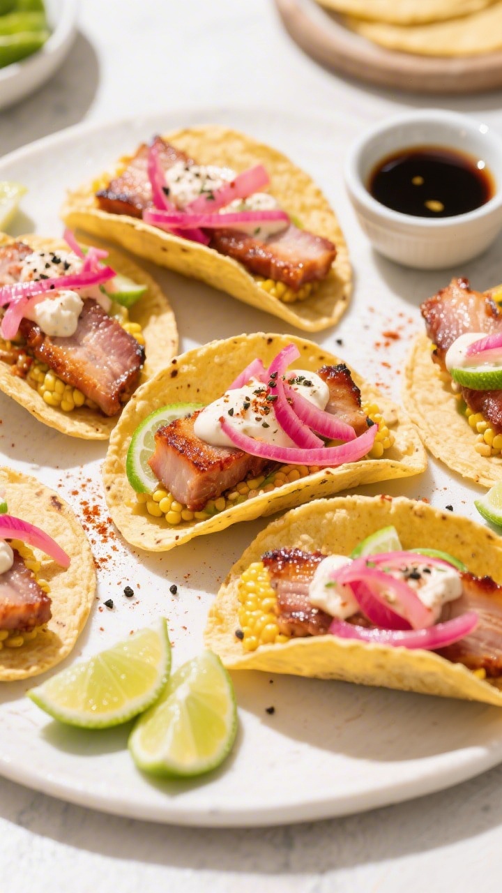 Tasty top view: Overhead taco spread featuring crispy pork belly tucked into warm corn tortillas, to
