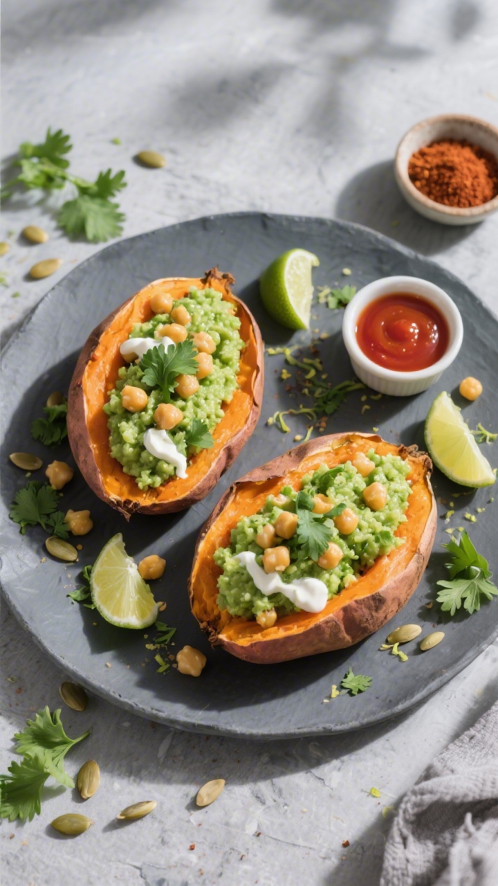Tasty top view — overhead variety board: Overhead shot of two stuffed sweet potatoes on a slate-gr