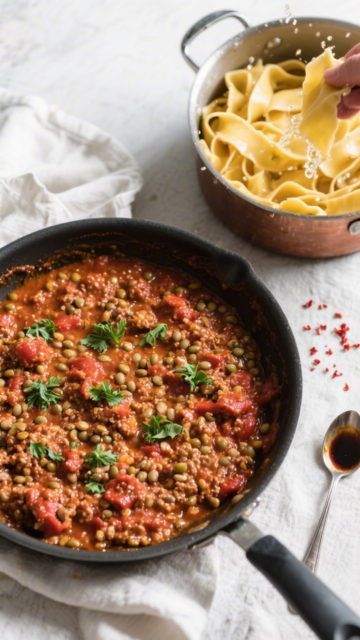Tasty top-view serving moment: Overhead shot of a large skillet of finished lentil bolognese next to
