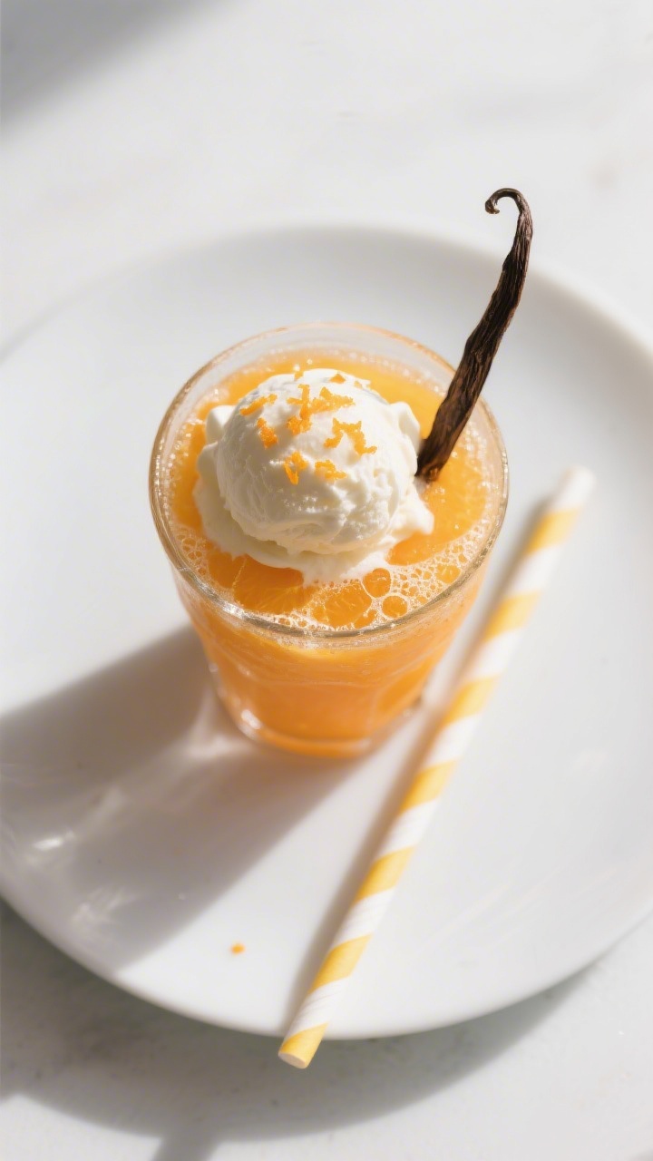 Tasty top-view shot: Overhead image of a finished Orange Dreamsicle Soda float variation—vibrant o