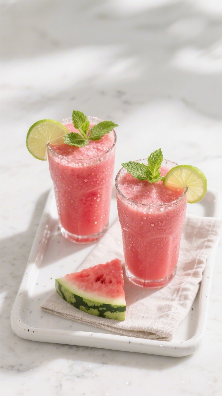 Tasty top view: Two tall glasses of finished Watermelon Lime Smoothie, smooth and slushy with a vibr