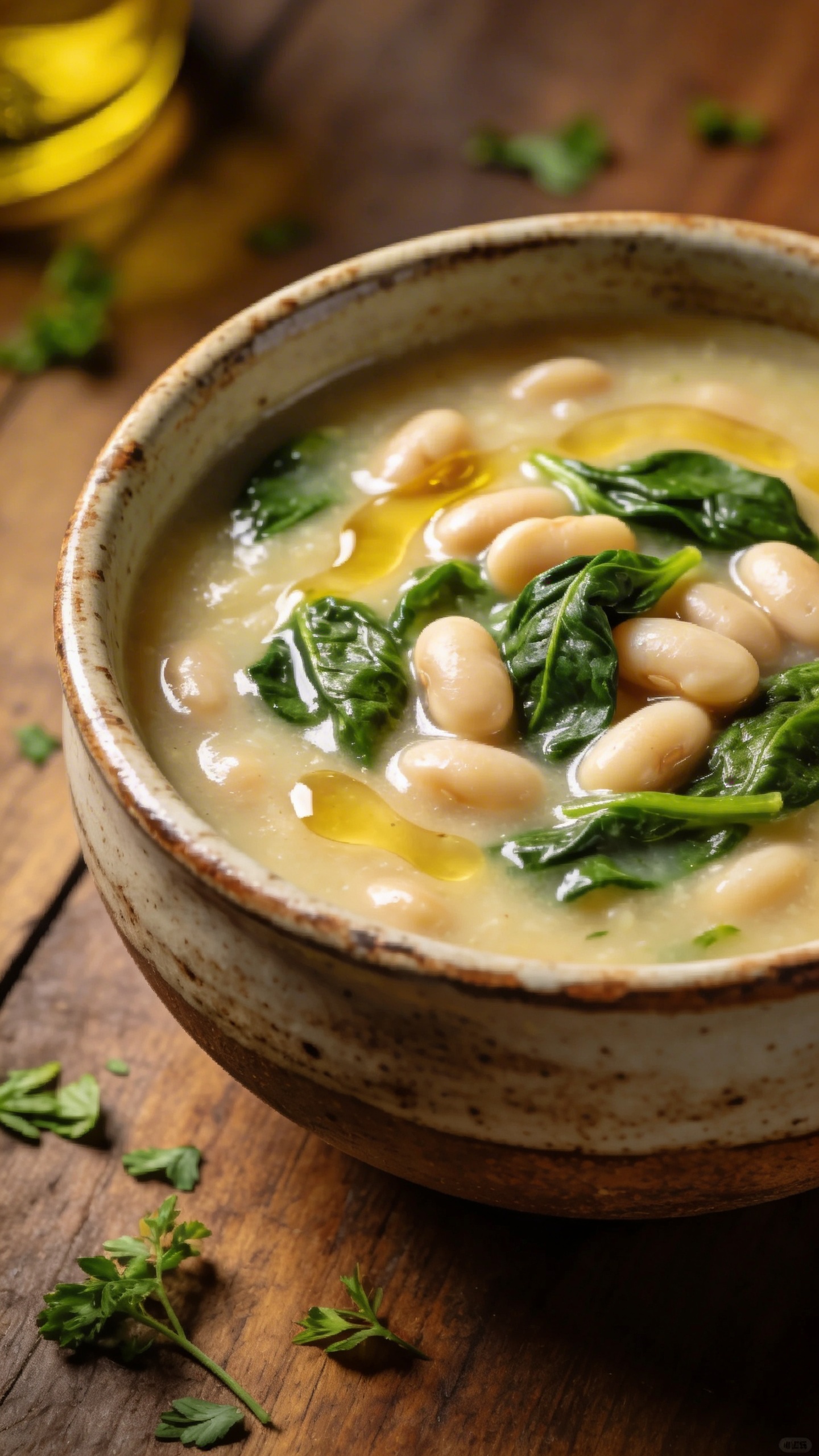 A rustic ceramic bowl filled with creamy white bean soup, packed with vibrant green spinach leaves and cannellini beans, sitting on a wooden table with a drizzle of golden olive oil on top and fresh herbs scattered around the bowl