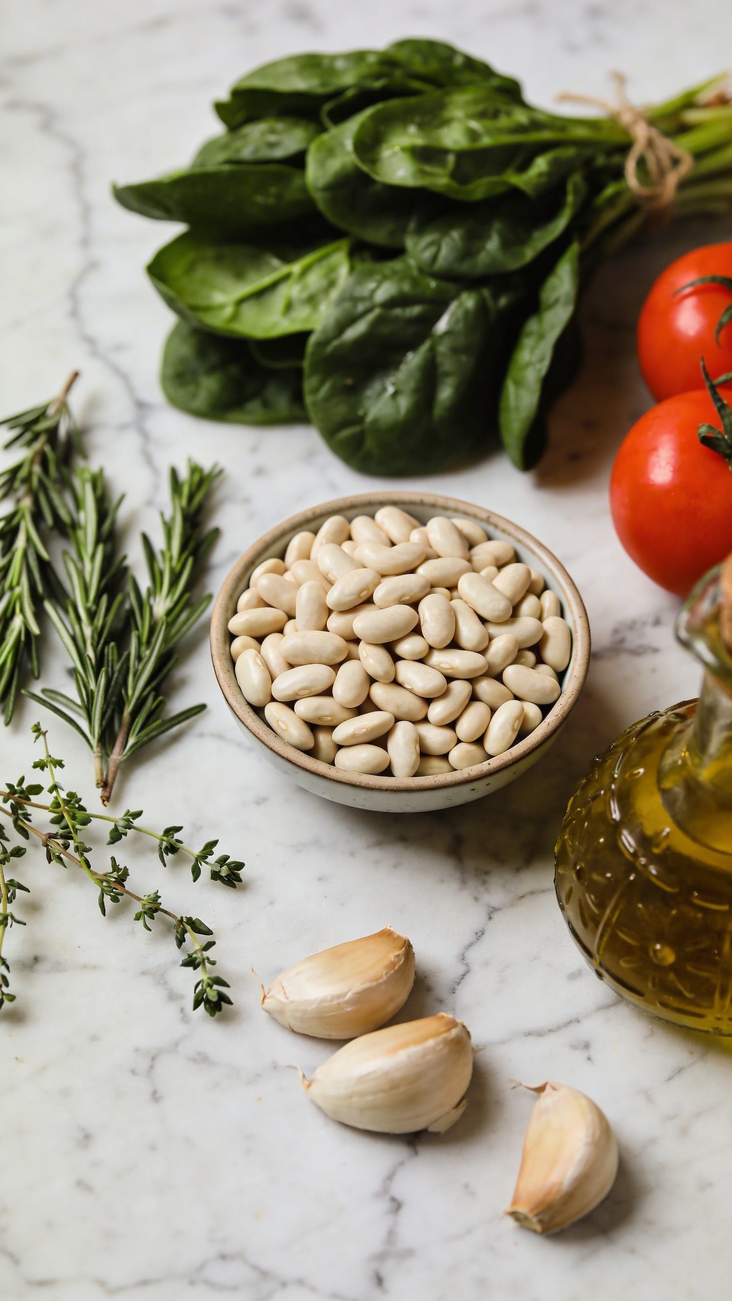 Overhead flat lay of raw ingredients for Mediterranean white bean soup arranged on a marble counter: dried cannellini beans in a small bowl, fresh spinach bunches, sprigs of rosemary and thyme, garlic cloves, ripe tomatoes, and a bottle of olive oil