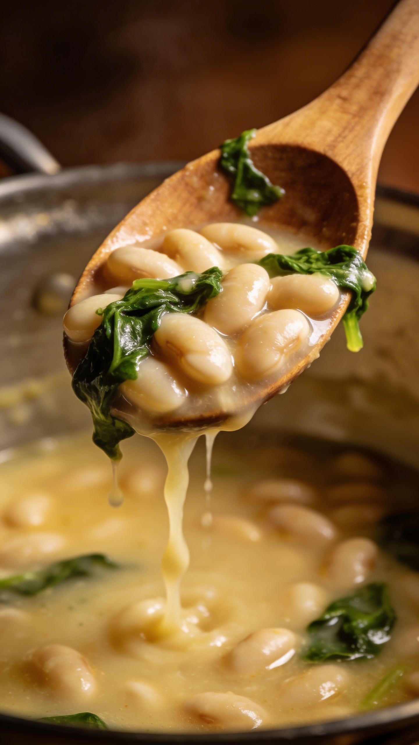 Close-up shot of a wooden spoon lifting a generous portion of white bean soup from a pot, showing the creamy broth cascading down with visible cannellini beans and wilted spinach leaves clinging to the spoon