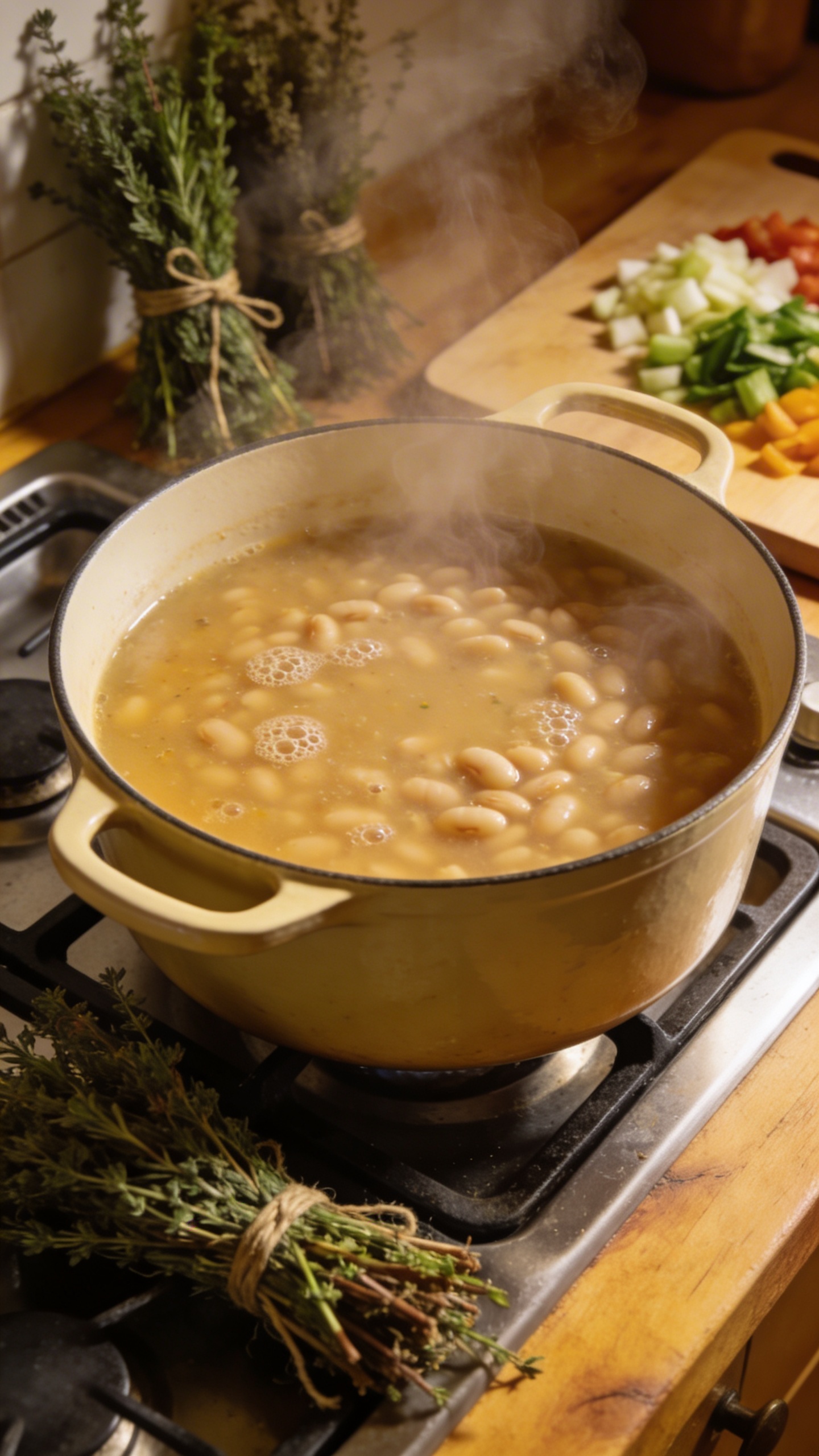A cozy kitchen scene with a large Dutch oven on a stovetop containing simmering white bean soup, steam rising from the pot, with fresh herb bundles and a cutting board with chopped vegetables visible in the background