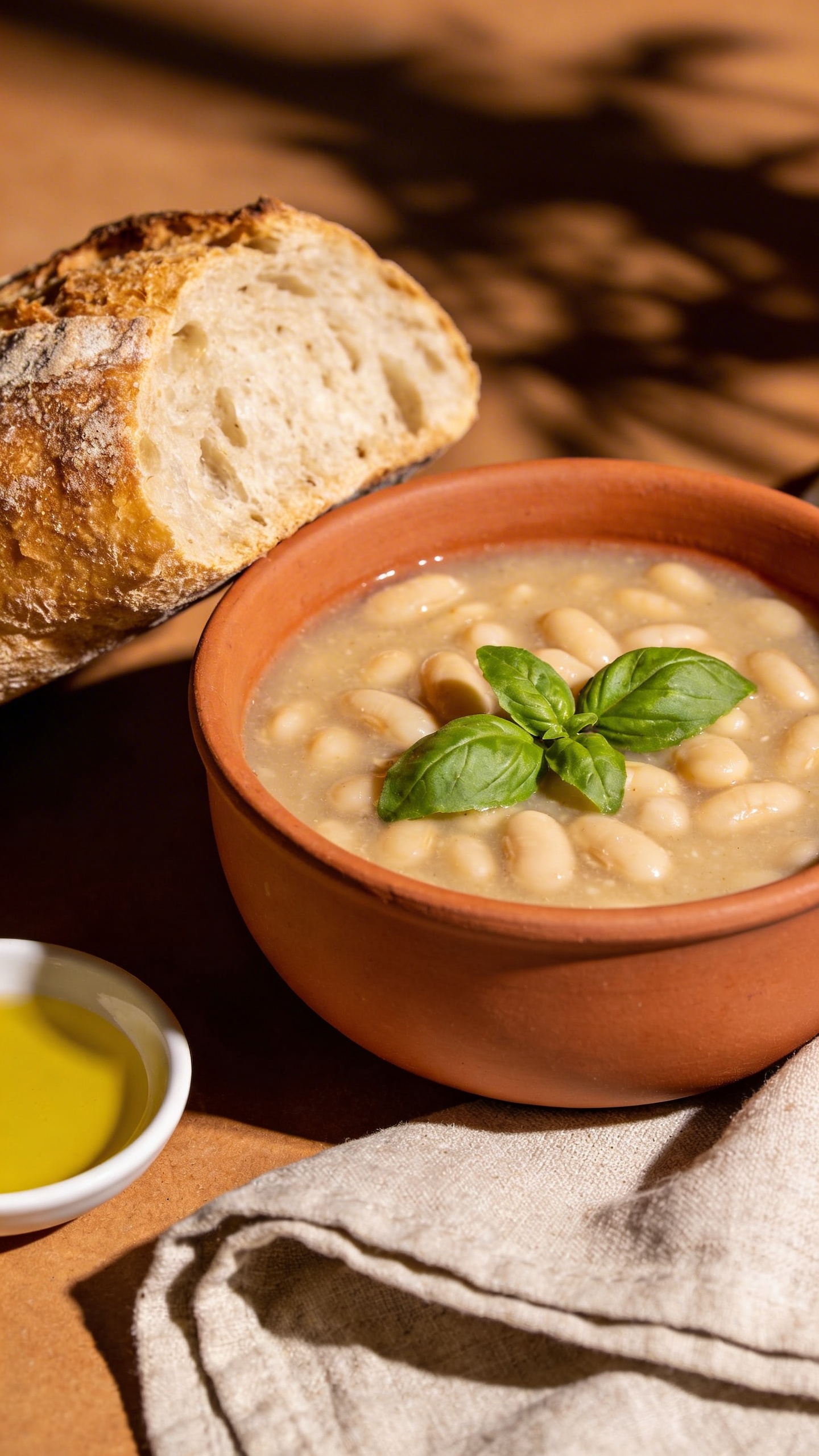 A Mediterranean-style table setting featuring a terracotta bowl of white bean soup garnished with fresh basil leaves, beside crusty artisan bread, a small dish of olive oil, and a linen napkin in warm, natural lighting