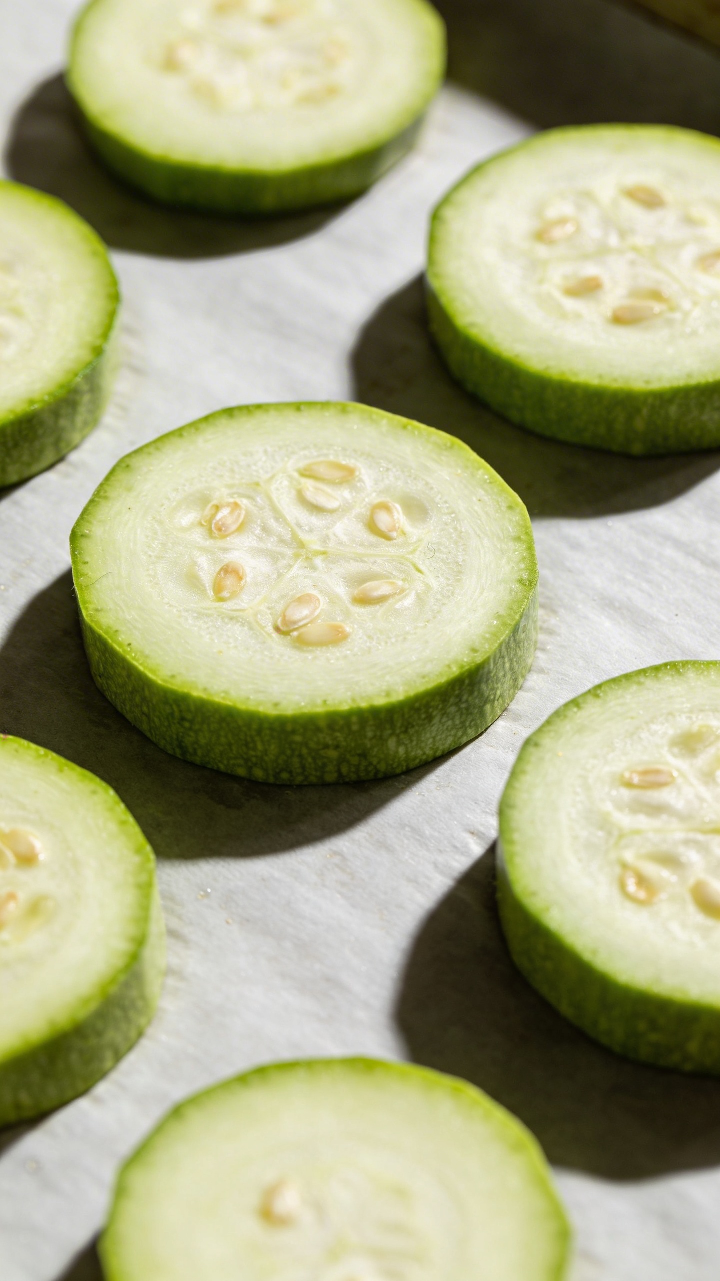 Top-down view of fresh zucchini slices arranged on a baking sheet, showing their circular shape with seeds visible in the center, raw and ready to be prepared as pizza bases
