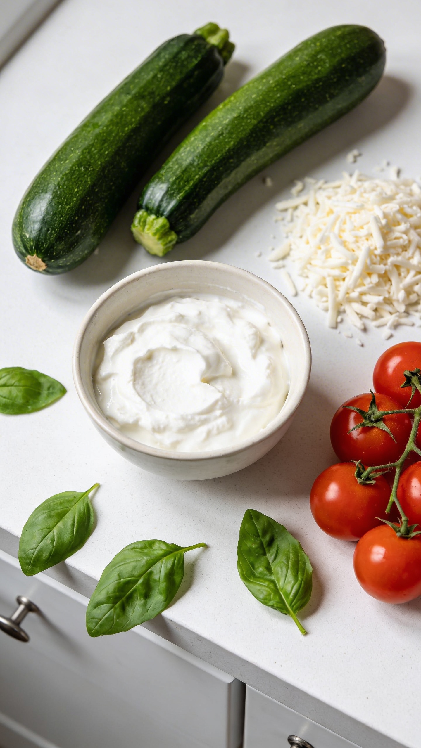 Overhead flat lay of ingredients for zucchini pizza including whole zucchinis, a bowl of Greek yogurt, shredded mozzarella cheese, cherry tomatoes, and fresh basil leaves on a white kitchen counter