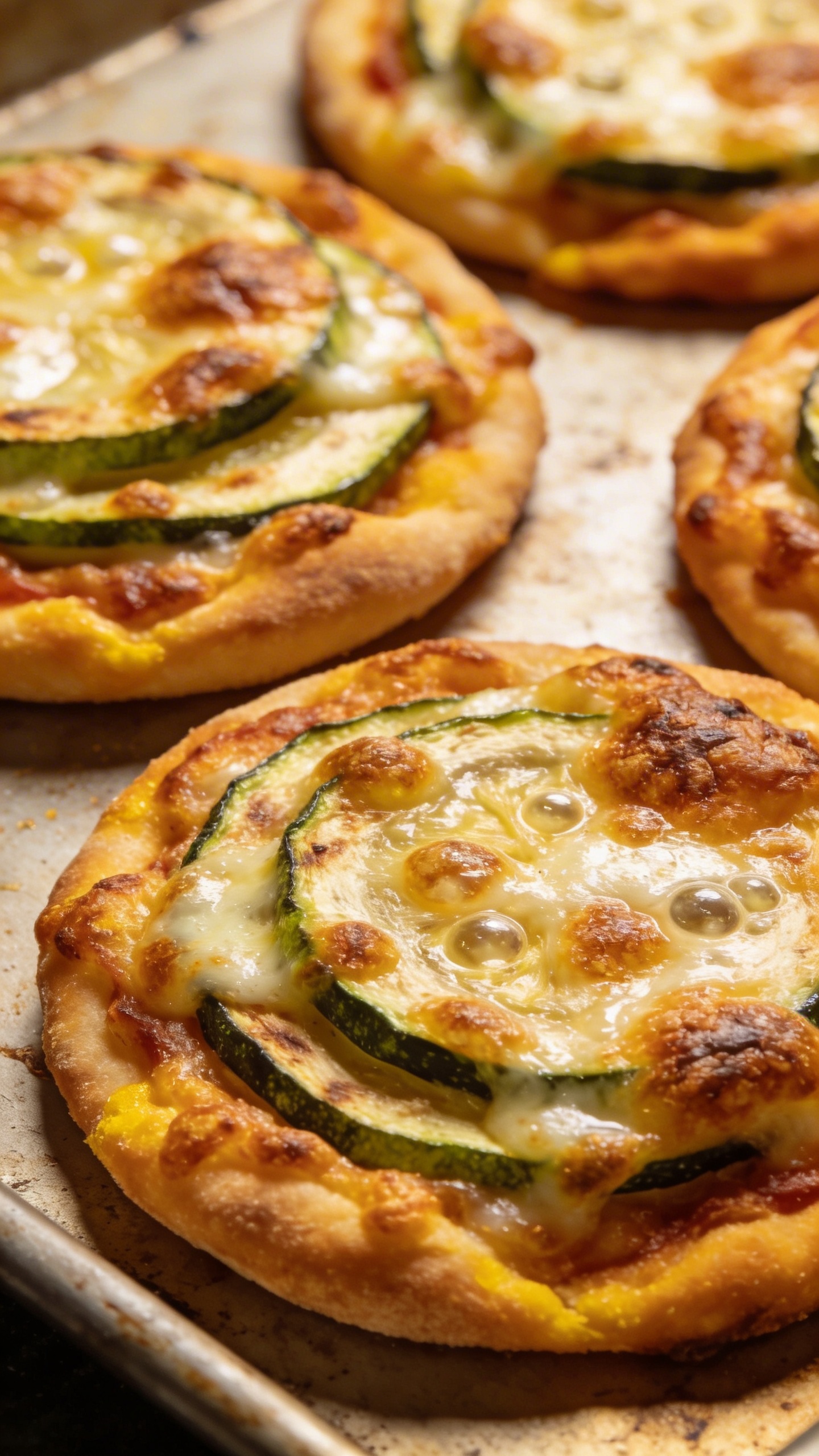 Golden-brown baked zucchini pizza rounds on a baking sheet fresh from the oven, showing melted cheese bubbling and slightly crispy edges