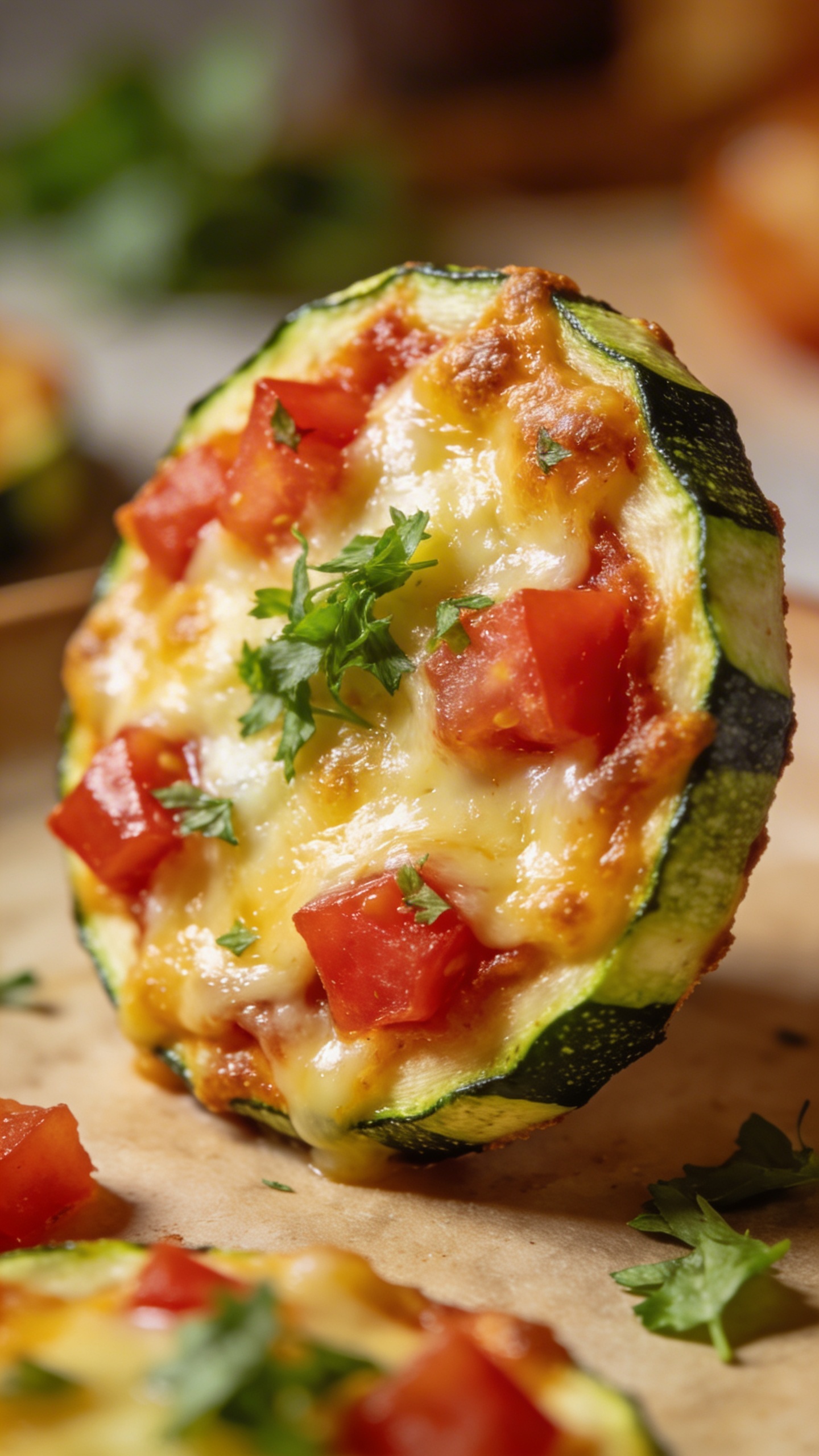 Close-up detail shot of a single finished zucchini pizza round topped with melted cheese, tomatoes, and herbs, showing the texture and layers from a side angle